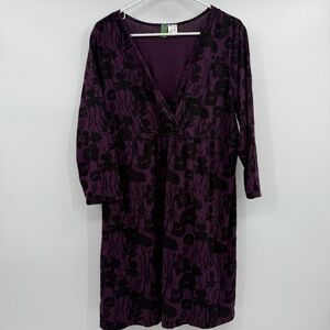 Sahalie Dress Women XL Purple Black Floral 3/4 Sleeves V Neck Cotton Modal Knit